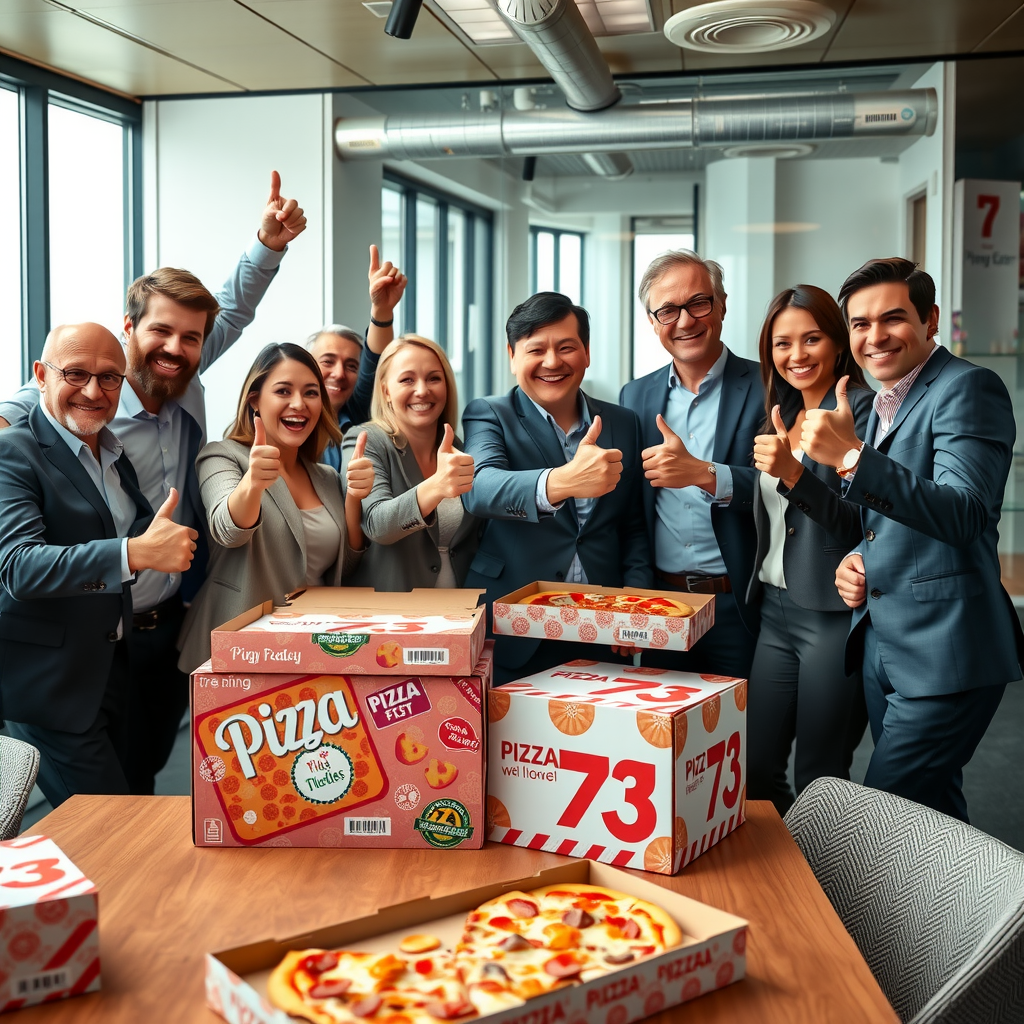 Enthusiastic business team giving thumbs up and celebrating in modern office with Pizza 73 boxes and catering setup, account manager shaking hands with company executive in foreground