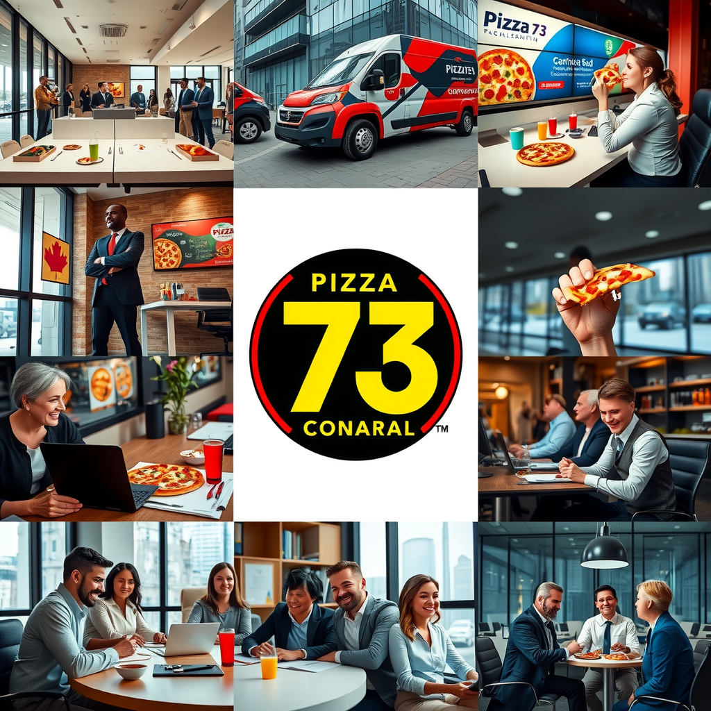 Collage of successful Pizza 73 corporate partnerships showing various business teams enjoying lunches, delivery vehicles at office buildings, account managers consulting with clients, and happy employees across different Canadian cities