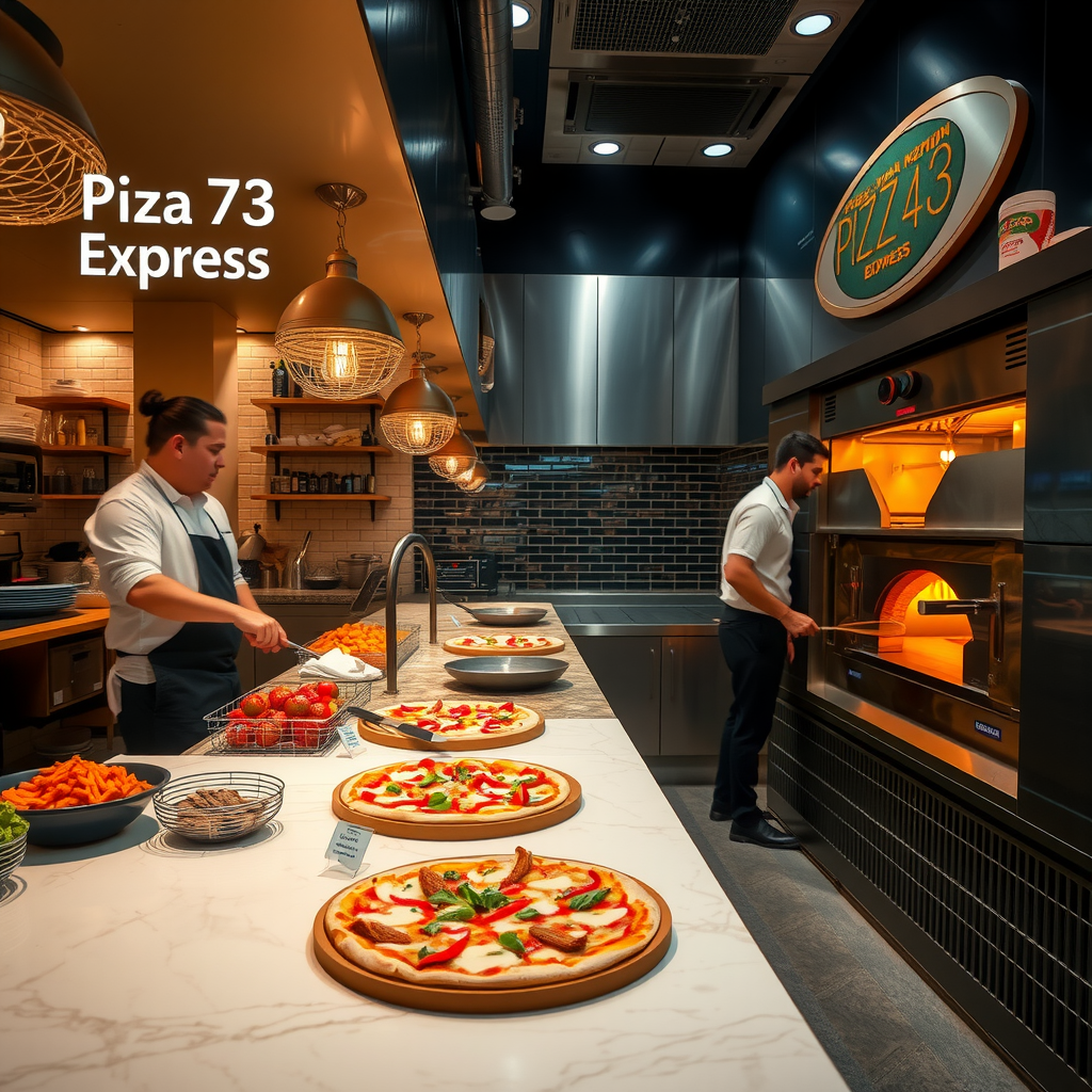 Pizza 73 Express professional kitchen with chefs preparing authentic Italian pizzas using traditional wood-fired ovens, fresh ingredients displayed on marble counters, warm ambient lighting creating an inviting atmosphere in modern Montreal pizzeria