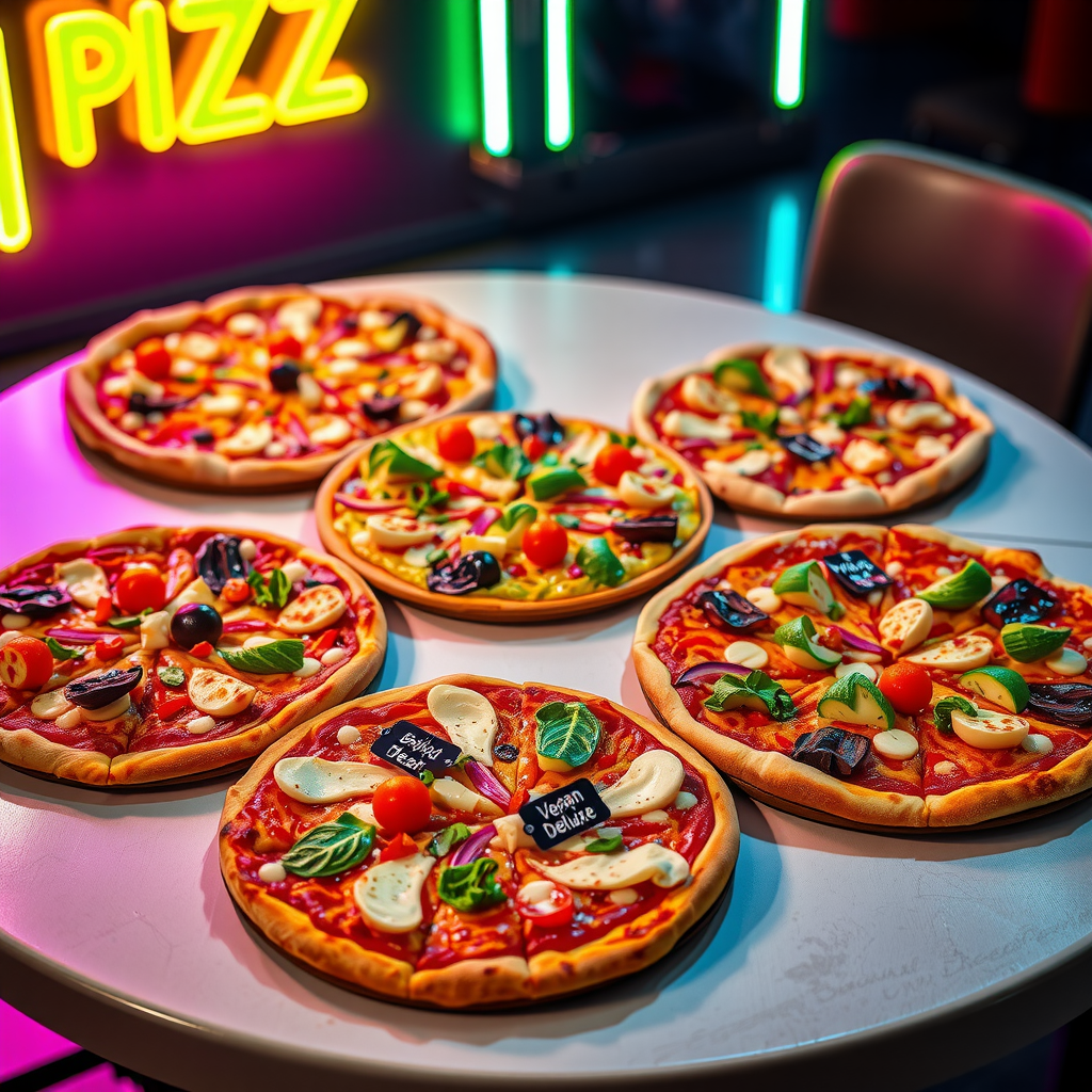 Colorful array of Pizza 73's new plant-based pizzas featuring Beyond Meat Supreme and Vegan Deluxe with vibrant vegetables, vegan cheese, and meat-free toppings arranged on a modern table with neon lighting effects