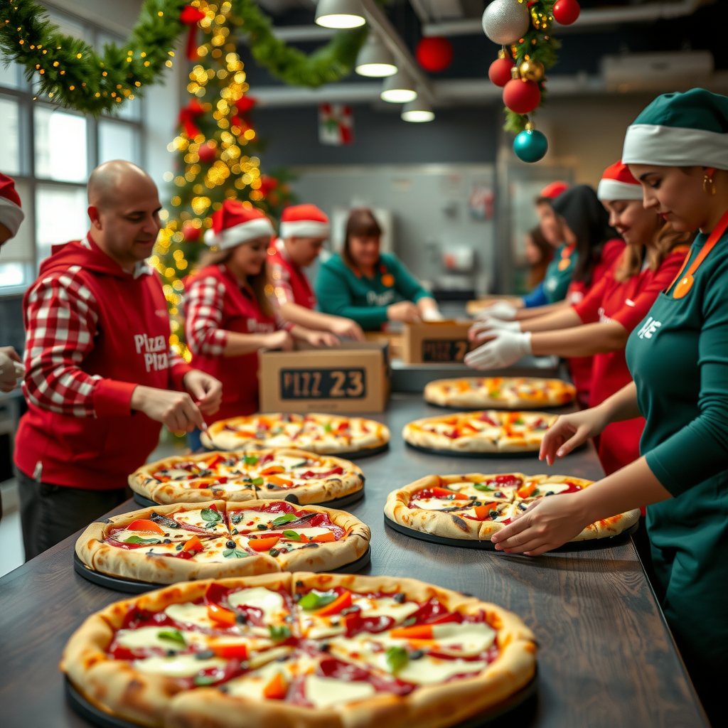 Pizza 73 holiday charity campaign banner showing pizzas being prepared for donation to local food banks, with festive decorations and community volunteers in the background