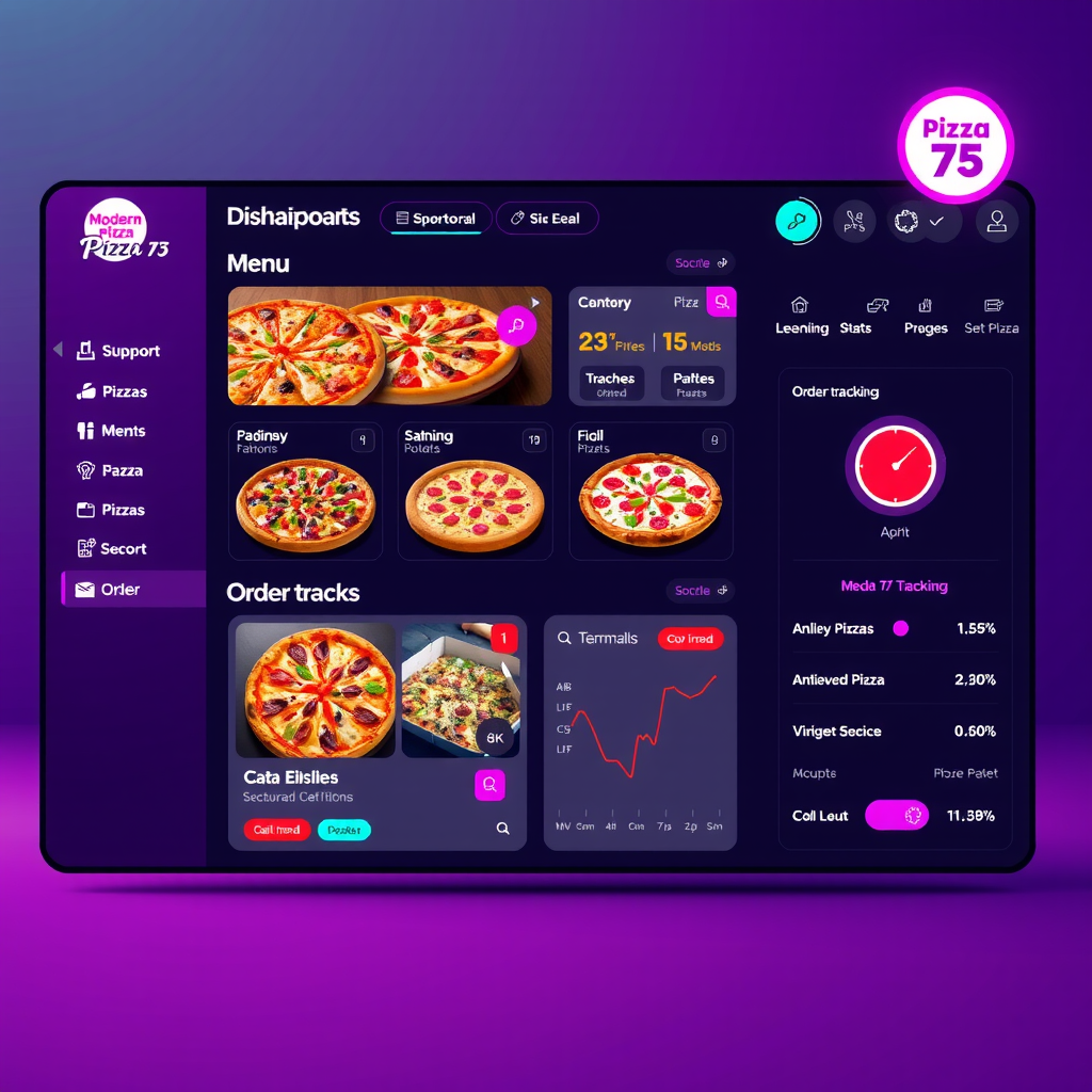 Modern Pizza 73 online ordering dashboard showing menu categories, featured pizzas, and order tracking interface with vibrant purple and pink neon design elements