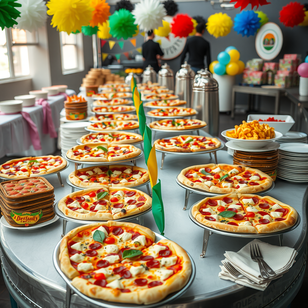 Professional catering setup with multiple pizzas arranged on tables with colorful decorations, party platters, and serving supplies for a large event