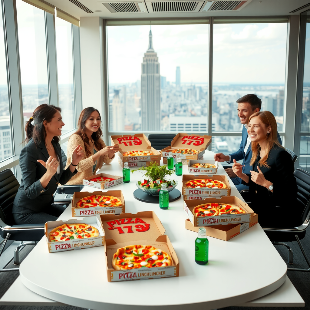 Professional business team gathered around conference table enjoying Pizza 73 corporate lunch delivery with multiple pizza boxes, salads, and beverages in bright modern office setting with city skyline view