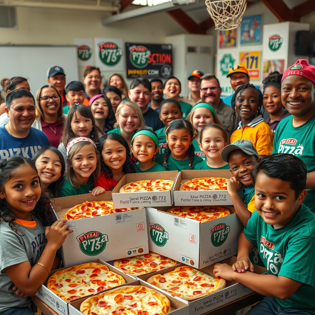 Community fundraising event showing diverse groups of people including school children, sports teams, and non-profit volunteers gathered around Pizza 73 boxes, celebrating successful fundraising with pizzas, promotional materials, and happy supporters in a vibrant community setting