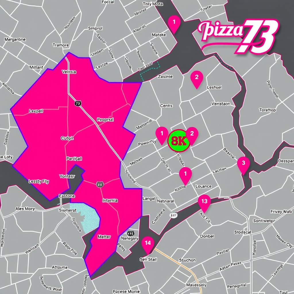 Interactive map displaying Pizza 73 Express delivery zones across Montreal with hot pink highlighted areas, purple zone boundaries, and neon markers indicating coverage areas