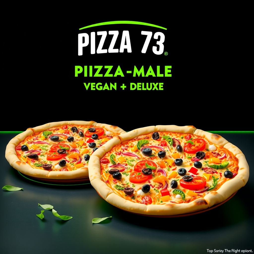 Colorful display of Pizza 73's new plant-based pizza options featuring Beyond Meat Supreme and Vegan Deluxe pizzas with vibrant vegetables, vegan cheese, and meat-free toppings on a modern restaurant counter with neon lighting