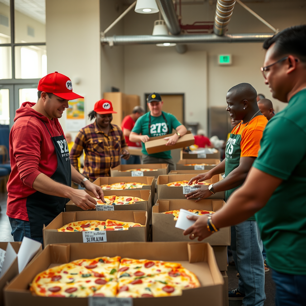 Pizza 73 team members partnering with local food bank volunteers, organizing pizza donations in a community center with families waiting to receive meals