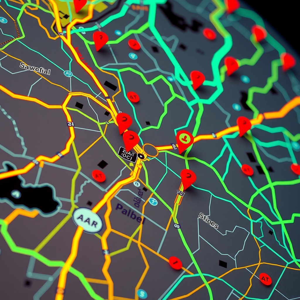 Interactive map showing real-time pizza delivery tracking with driver location, estimated arrival time, and order status updates in vibrant neon colors