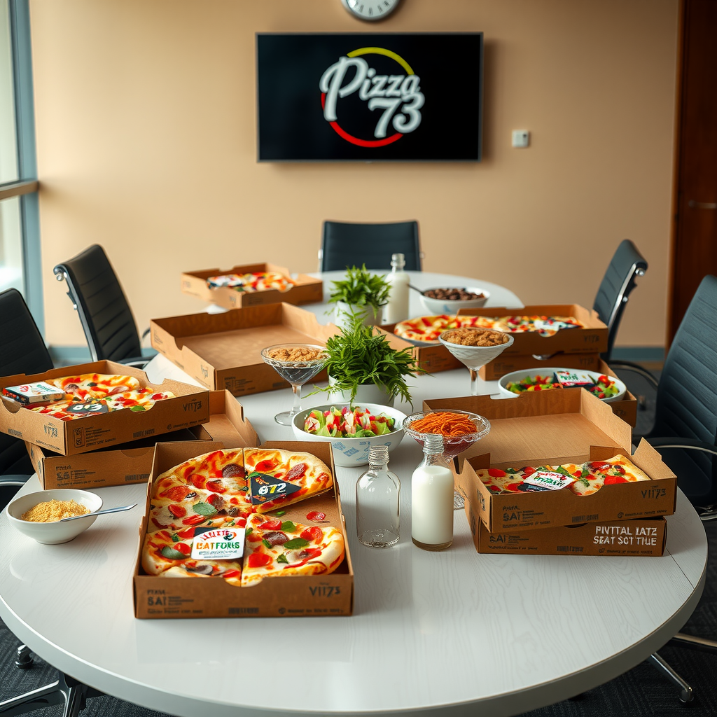 Business meeting setup with Pizza 73 catering including multiple pizza boxes, salads, and beverages arranged on a conference table with professional presentation