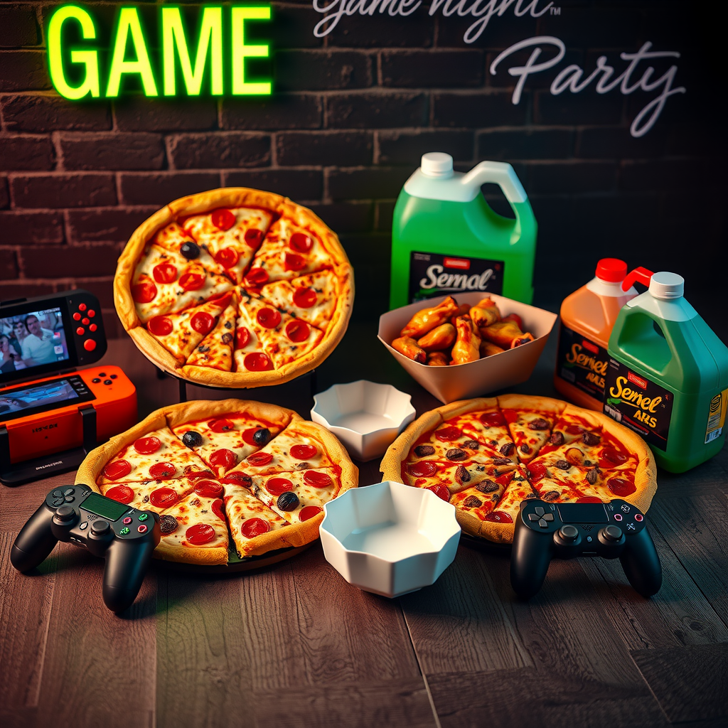 Game night party package showing three large pizzas with different toppings, two orders of wings, garlic bread, and 2-liter beverages arranged with gaming controllers and neon lighting