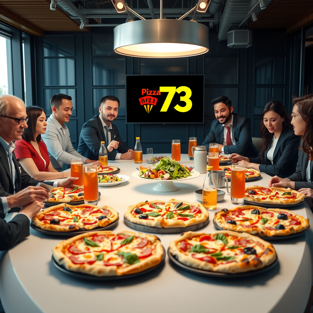 Pizza 73 corporate account manager in professional attire meeting with business client in office, reviewing menu options and delivery schedules on tablet with pizza samples displayed on desk