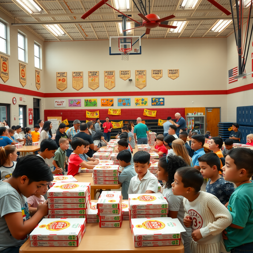 Elementary school gymnasium filled with families enjoying Pizza 73 during a fundraising pizza night, with colorful banners, fundraising goal thermometer on wall, children playing, parents socializing, and stacks of Pizza 73 boxes on serving tables