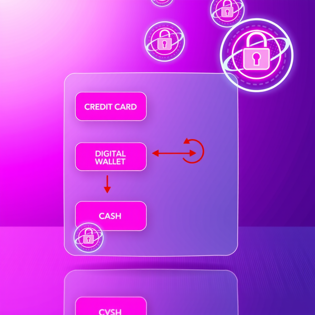 Modern payment interface showing credit card, digital wallet, and cash payment options with hot pink accent buttons, purple gradient background, and neon security badges indicating encrypted transactions