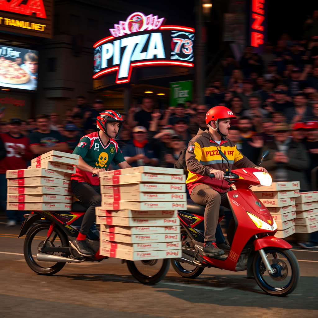 Busy Pizza 73 delivery operation during Grey Cup weekend showing multiple delivery drivers with pizza boxes, crowded restaurant kitchen with staff preparing pizzas, and happy football fans receiving hot fresh pizzas at their homes with Grey Cup game on TV in background