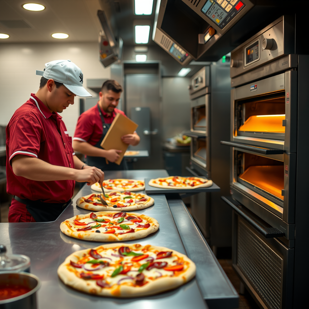 Pizza 73 kitchen staff preparing fresh pizzas for donation, showing the quality and care that goes into each donated pizza with ingredients and ovens visible