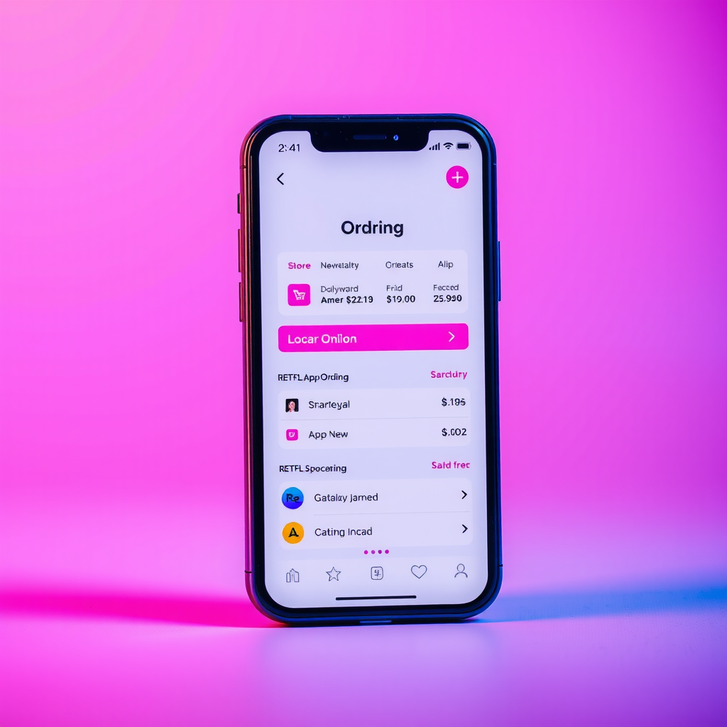 Mobile phone with online ordering app in electric magenta and purple gradient
