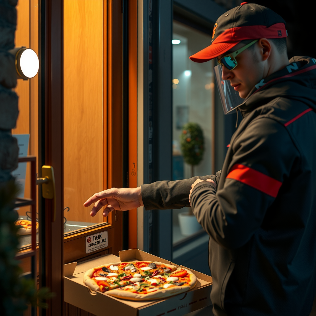 Pizza delivery driver placing order at customer's doorstep with contactless delivery protocol, maintaining safe distance with protective equipment