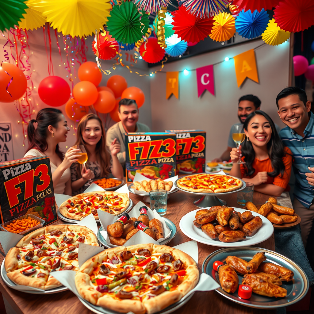 Festive party setup with Pizza 73 pizzas, colorful decorations, party platters with wings and appetizers, and happy guests enjoying food at a celebration
