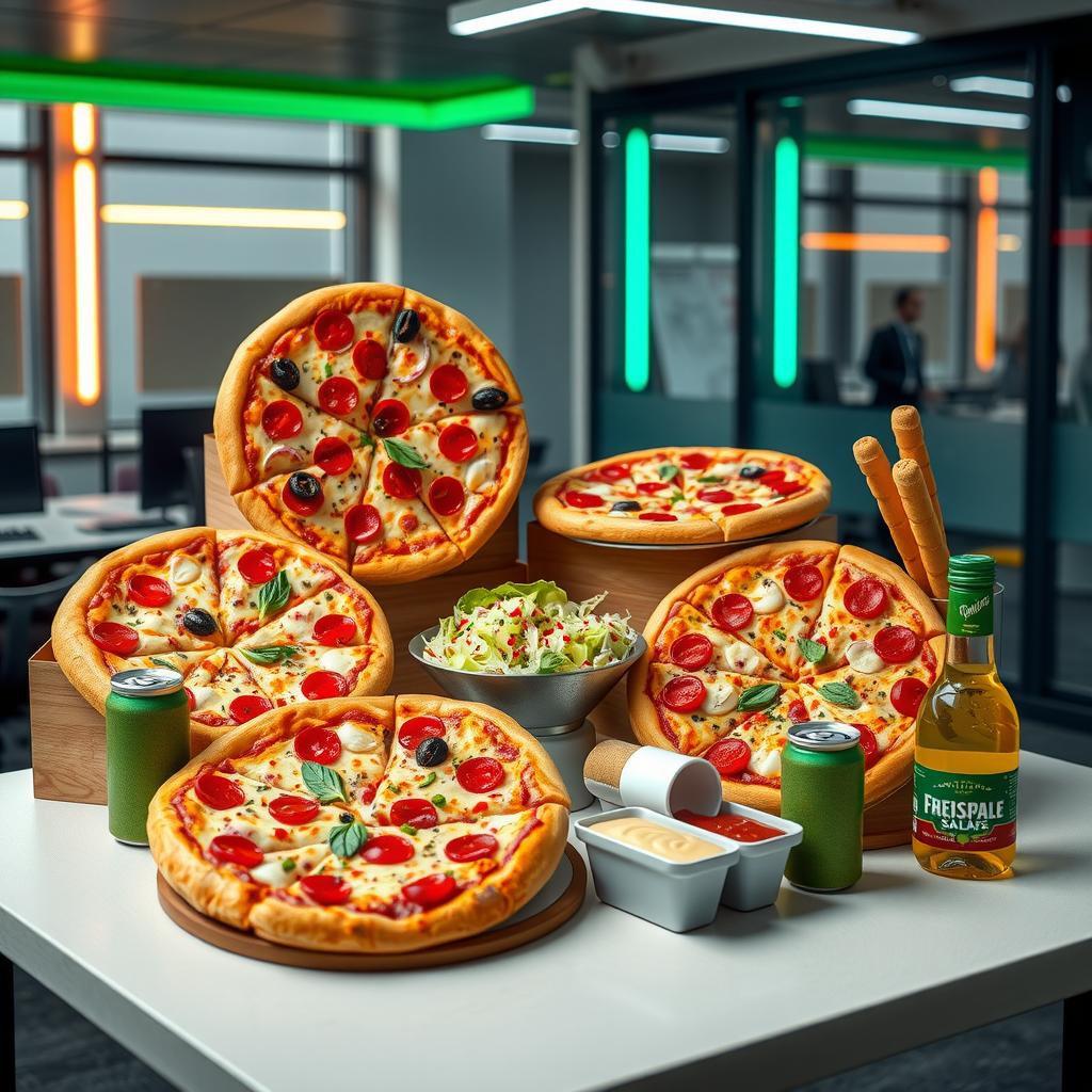 Office lunch package displaying five large pizzas with variety of toppings, caesar salad, breadsticks, dipping sauces, and beverages in professional office setting with neon accents