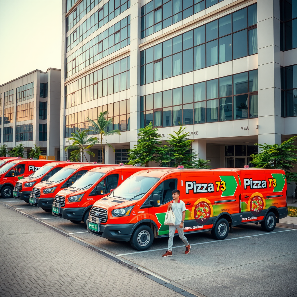 Fleet of Pizza 73 branded delivery vehicles parked at modern corporate office building complex with delivery personnel carrying insulated pizza bags and catering supplies to multiple entrances