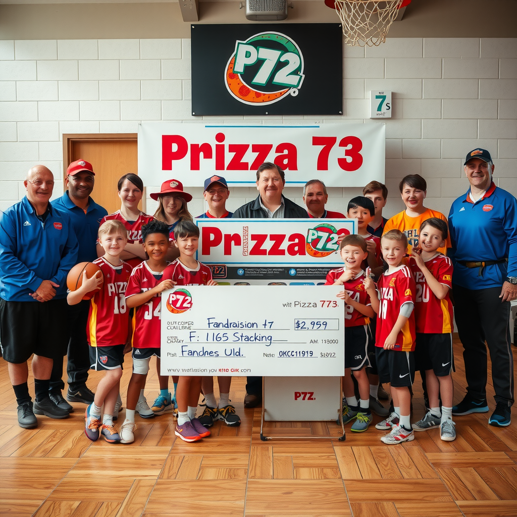 Youth sports team celebrating fundraising success with Pizza 73, showing coaches, players in uniforms, parents, and team supporters gathered around a large check presentation, with Pizza 73 boxes, fundraising banners, and excited team members holding up their new equipment purchased with fundraising proceeds