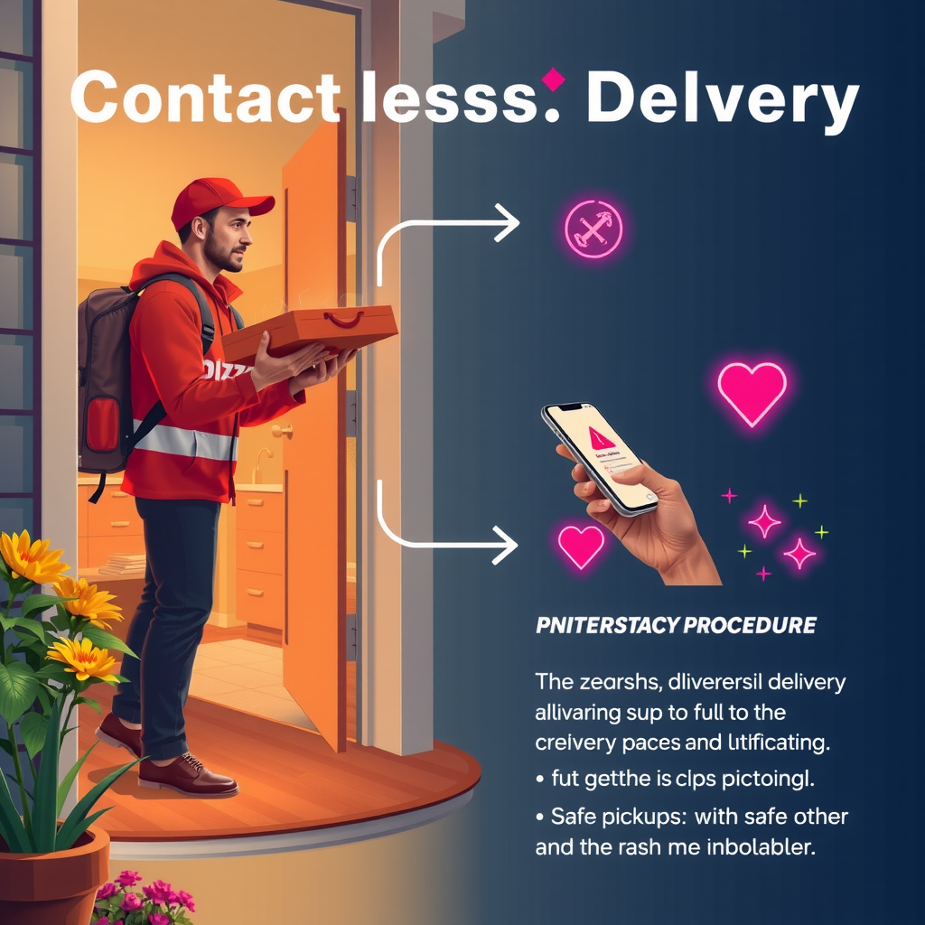 Step-by-step illustration of contactless delivery process showing delivery driver placing pizza box at doorstep, customer receiving notification on phone with hot pink alert, and safe pickup procedure with neon safety icons