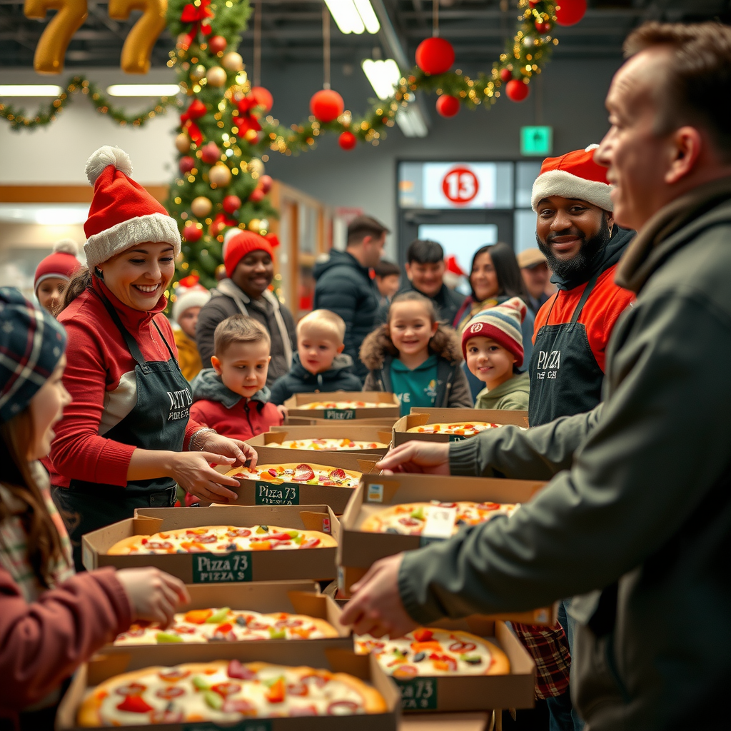 Heartwarming scene of Pizza 73 staff and volunteers distributing pizzas to families at a Canadian food bank during holiday season, with festive decorations, smiling children receiving pizza boxes, and community members gathering together in a warm charitable atmosphere