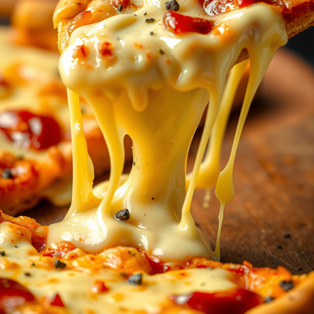Detailed macro shot of Pizza 73's vegan cheese melting and stretching on a pizza slice, showing the creamy texture and golden-brown color with visible herbs and seasonings