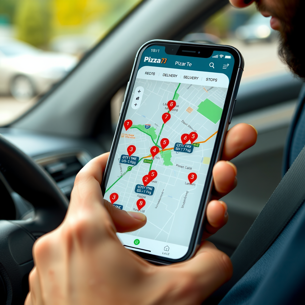 Close-up of Pizza 73 delivery driver's smartphone showing route optimization app with multiple delivery stops mapped efficiently across city neighborhoods