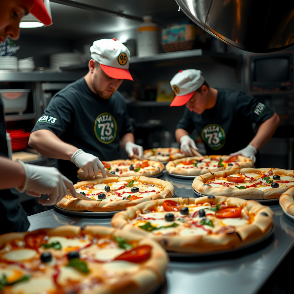 Happy Canadian families receiving pizza donations from Pizza 73 at a community food bank, showing diverse families with children smiling and grateful for the support