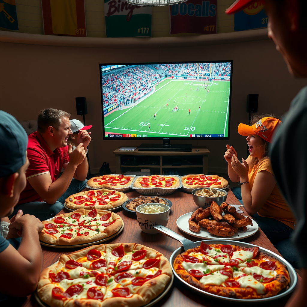Sports viewing party with multiple Pizza 73 pizzas, wings, and snacks arranged around a large screen TV with excited fans watching a game