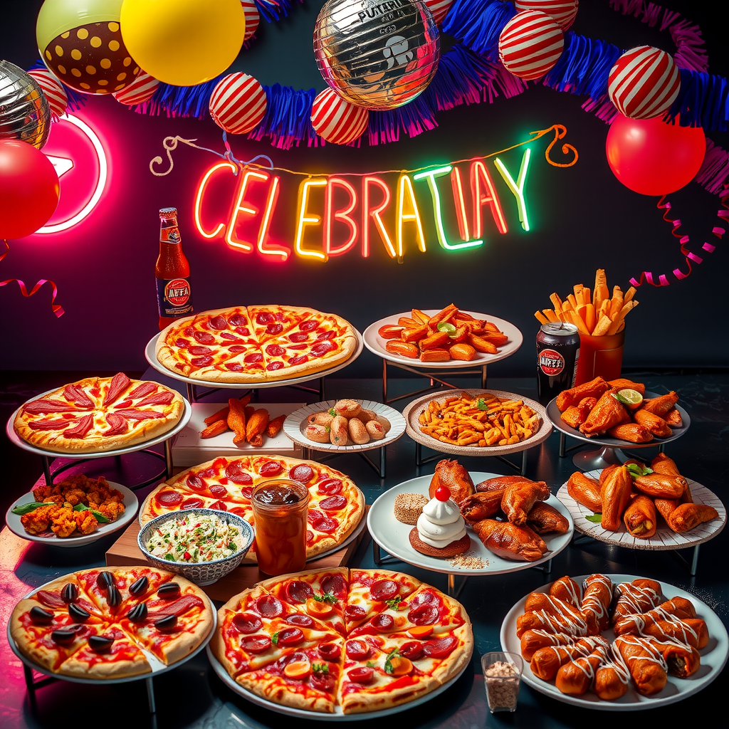 Celebration feast package featuring eight large specialty pizzas, multiple wing platters, appetizer sampler, salads, desserts, and beverages with party decorations and vibrant neon lighting