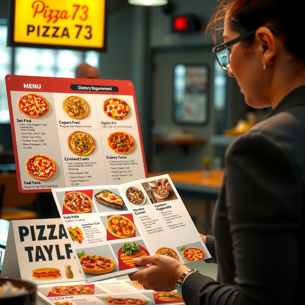 Corporate catering coordinator reviewing Pizza 73 menu options with diverse dietary requirement cards displayed including vegetarian, vegan, gluten-free, and halal options with colorful ingredient photos