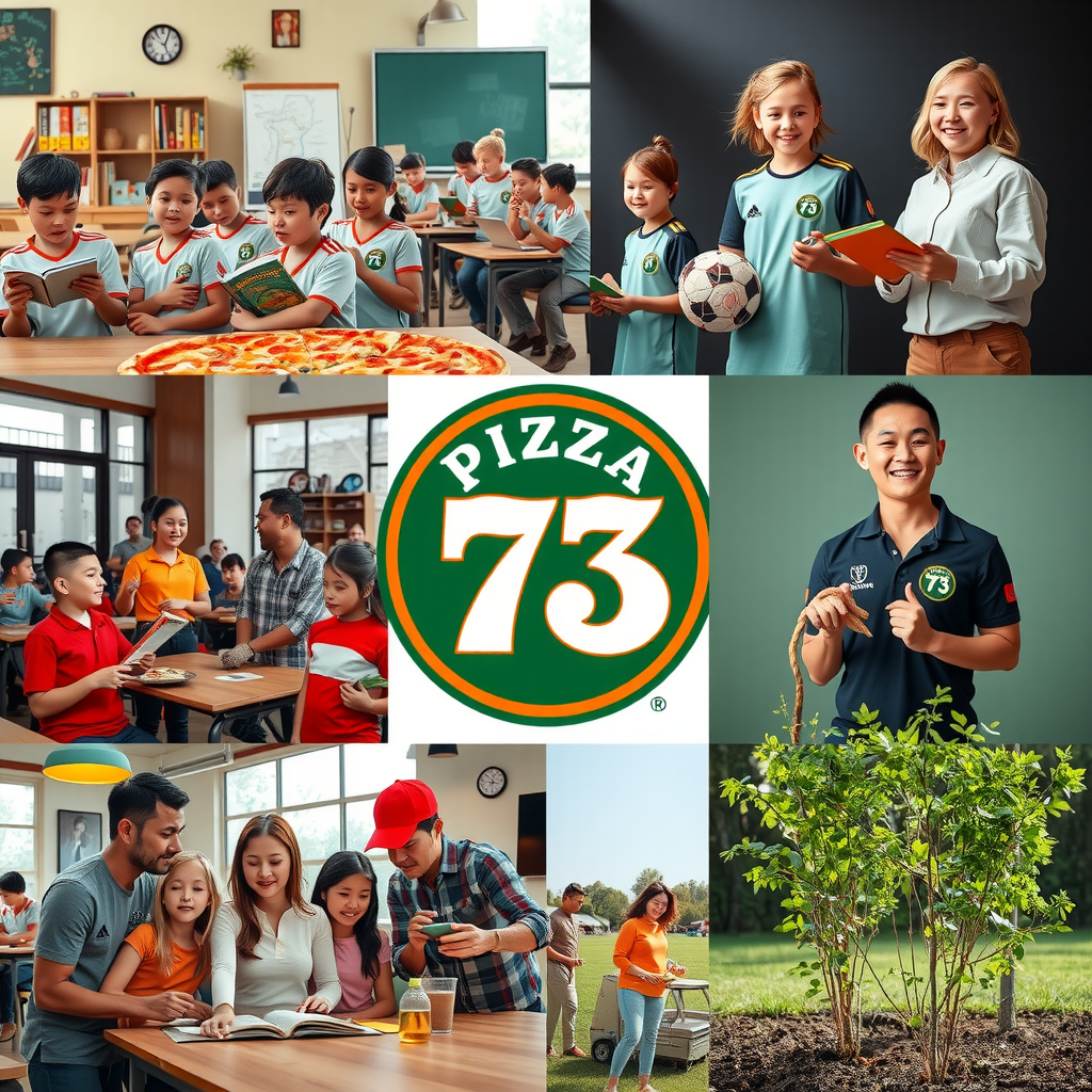 Collage showing diverse organizations benefiting from Pizza 73 fundraising including school children in classroom with new books, youth soccer team with new uniforms, community center volunteers serving meals, animal shelter workers with rescued pets, and environmental group planting trees, all connected by Pizza 73 branding and fundraising success stories