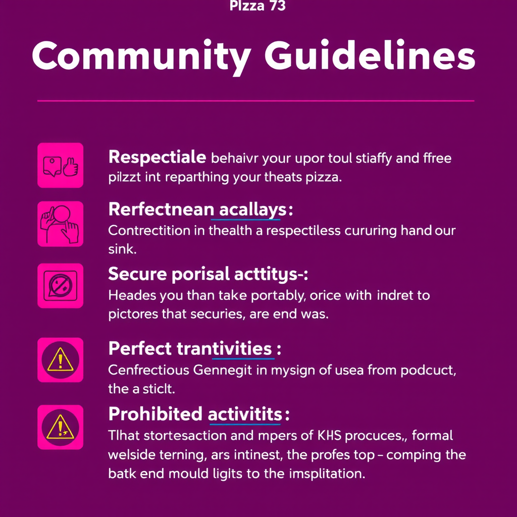 Infographic displaying Pizza 73 community guidelines with hot pink icons representing respectful behavior, secure transactions, and prohibited activities marked with neon warning symbols on deep purple background