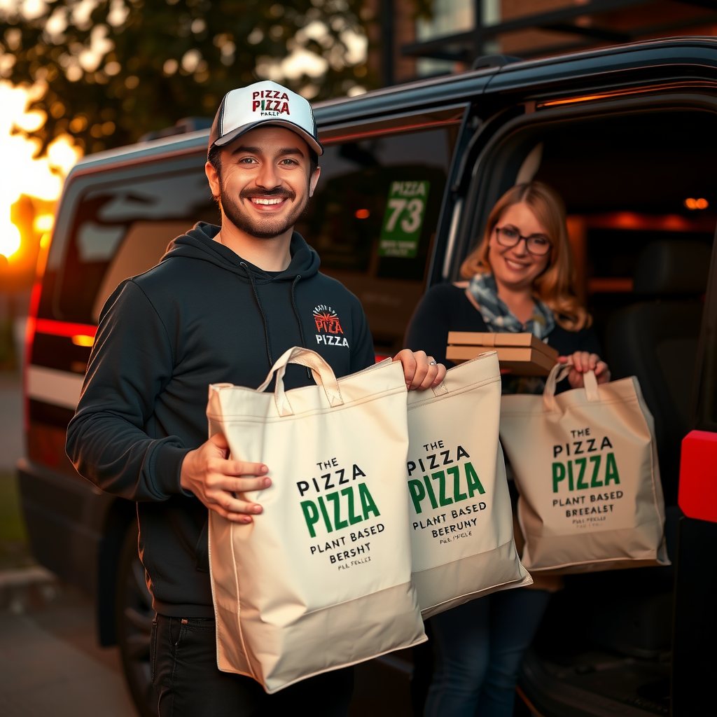 Diverse group of smiling customers at a Pizza 73 location enjoying plant-based pizzas together, with pizza boxes and slices visible on the table in a modern, well-lit restaurant setting