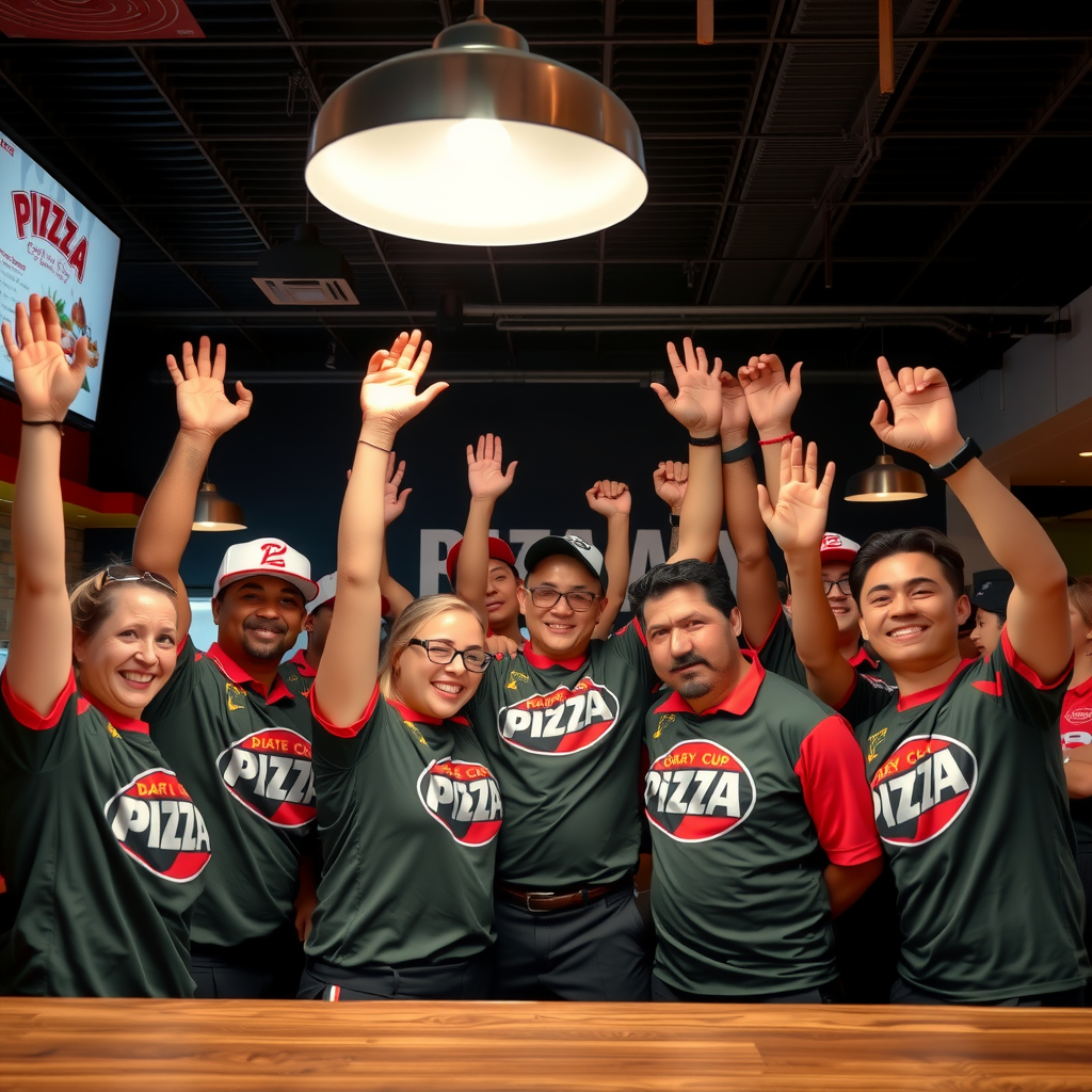 Pizza 73 kitchen staff working efficiently in commercial kitchen with multiple pizza ovens, preparing dozens of pizzas simultaneously during Grey Cup rush