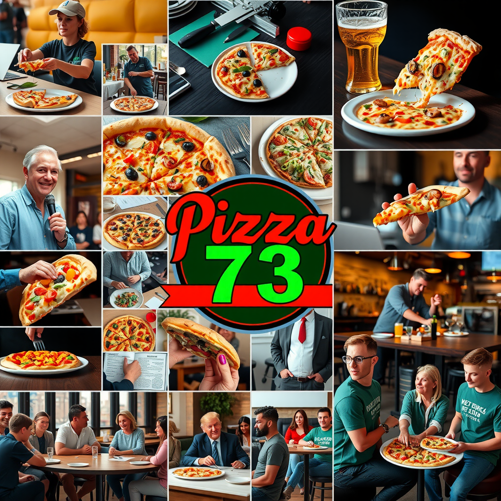 Collage of Pizza 73 community involvement activities over the years, showing various charity events, sponsorships, and community partnerships with diverse groups of people