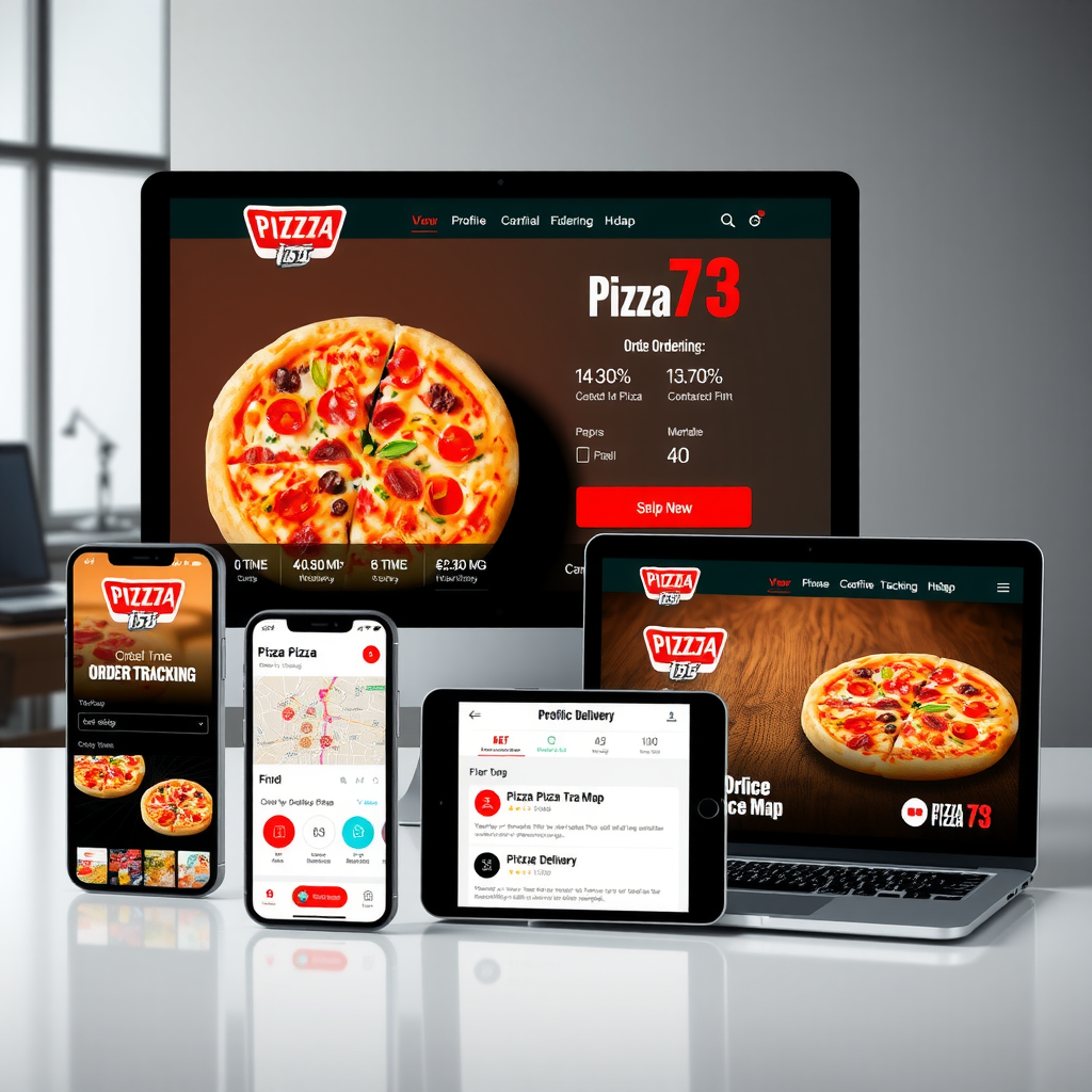 Modern digital interface showing Pizza 73 online ordering system with mobile app and website on multiple devices, featuring real-time order tracking map, pizza customization options, and contactless delivery notification