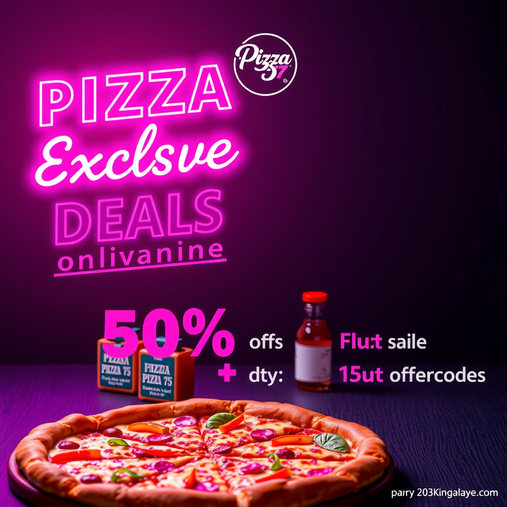 Promotional banner showcasing Pizza 73 online exclusive deals with vibrant hot pink and purple neon design featuring special offers and discount codes