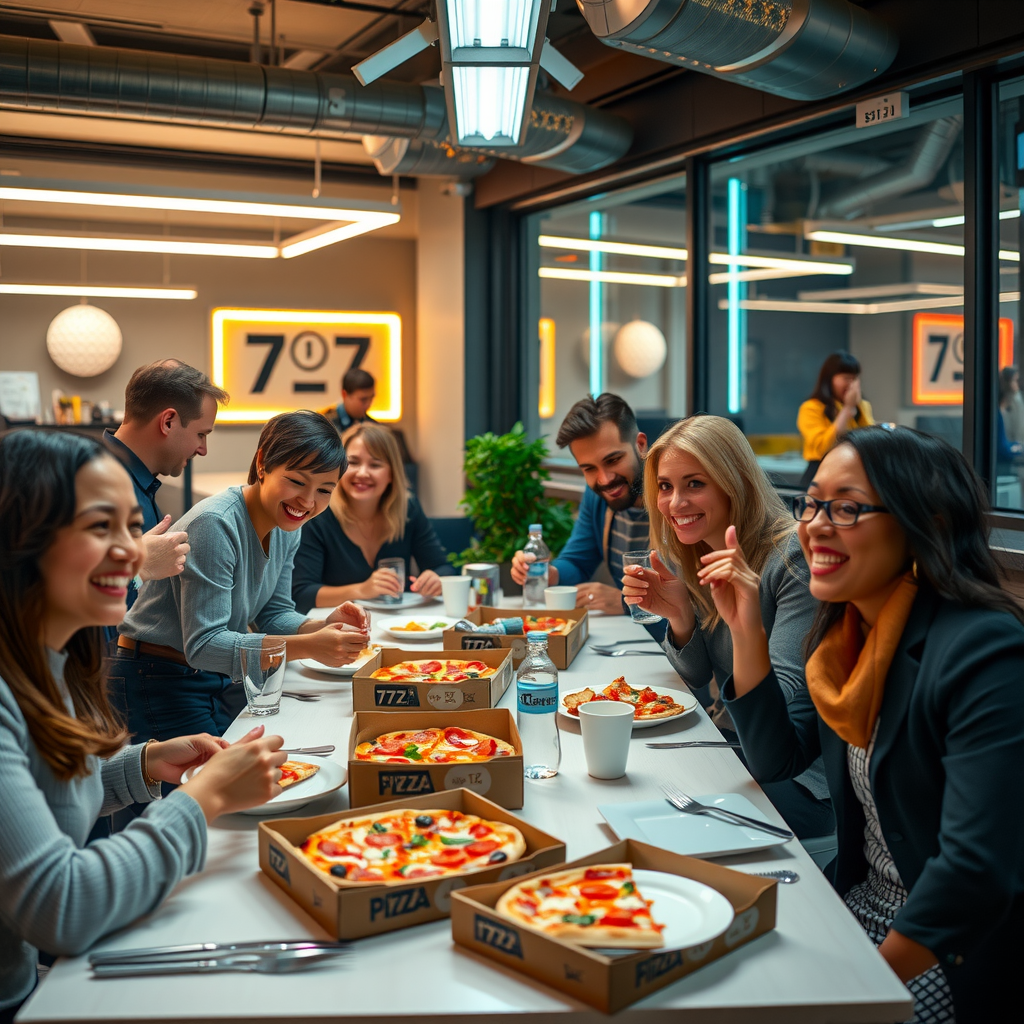 Corporate office event with colleagues enjoying pizza 73 party packages during team lunch, modern office environment with neon lighting and professional atmosphere