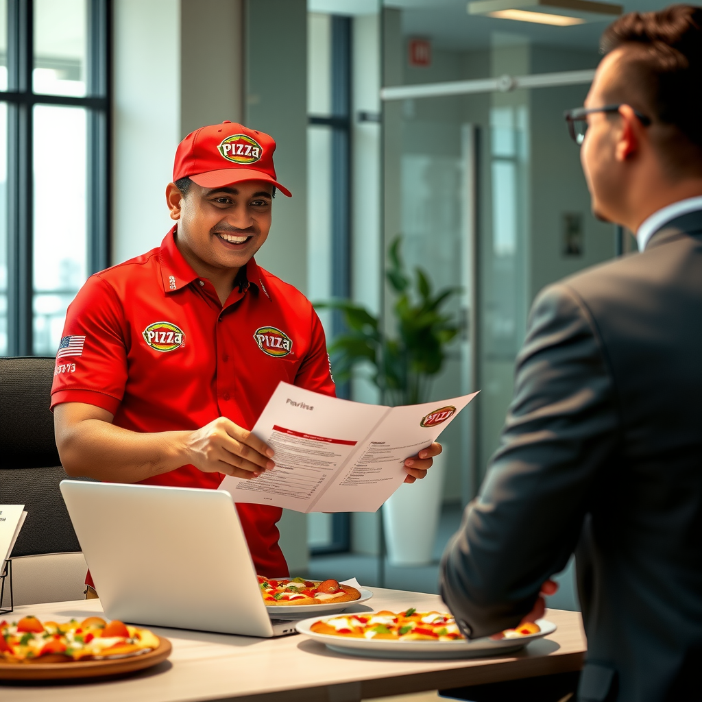 Friendly Pizza 73 corporate account manager in branded uniform presenting customized catering proposal to business executive in professional office setting with laptop and menu samples