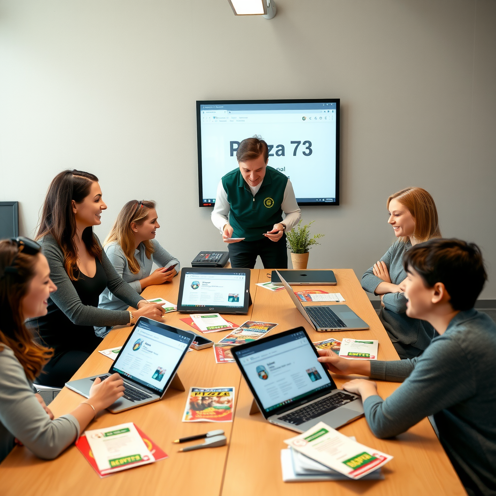 Pizza 73 fundraising coordinator meeting with school representatives and non-profit leaders around a conference table, showing laptops with fundraising dashboards, marketing materials spread out, promotional flyers, and everyone engaged in planning discussion with smiles and enthusiasm