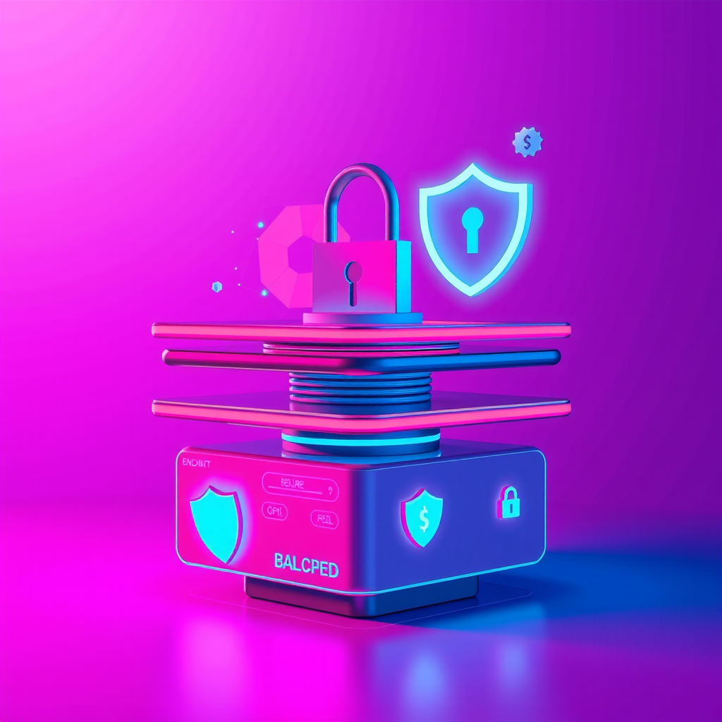 Visual representation of data security layers showing encrypted connections with hot pink lock icons, secure payment processing with neon shields, and privacy protection symbols on purple gradient background