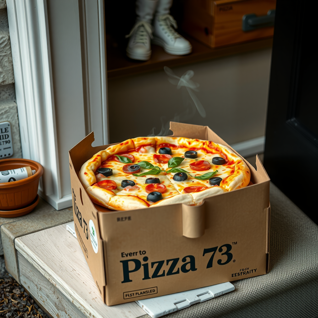 Pizza 73 delivery box opened to reveal a fresh plant-based pizza with steam rising, photographed on a doorstep with the Pizza 73 logo prominently displayed on the box