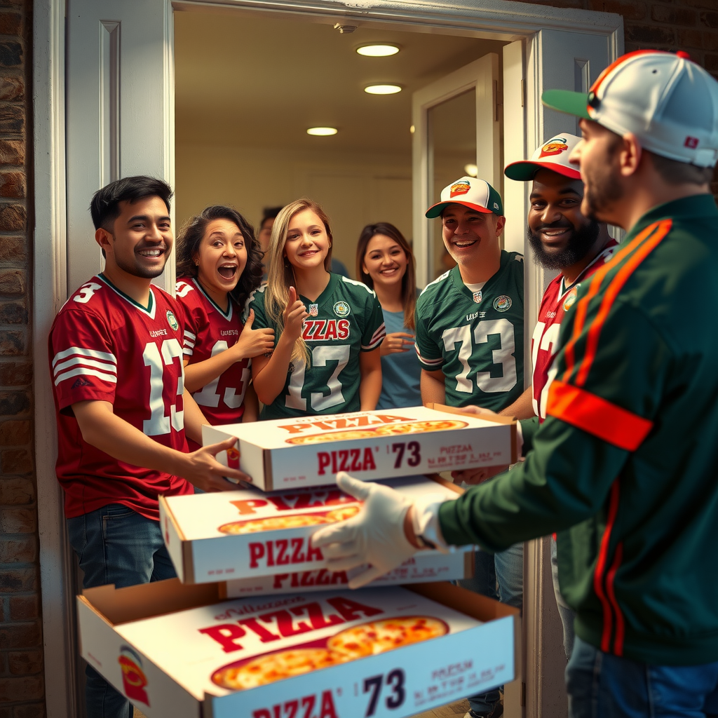 Excited group of football fans in team jerseys opening door to receive Pizza 73 delivery, with delivery driver handing over multiple pizza boxes with a smile
