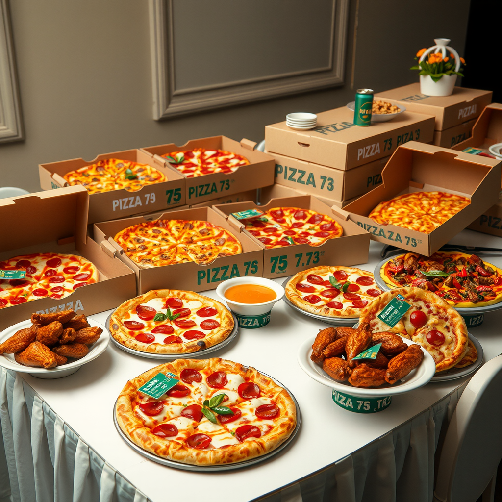 Professional catering setup with multiple Pizza 73 pizza boxes, party platters filled with various pizzas, wings, and sides arranged on elegant serving tables for a corporate event or celebration