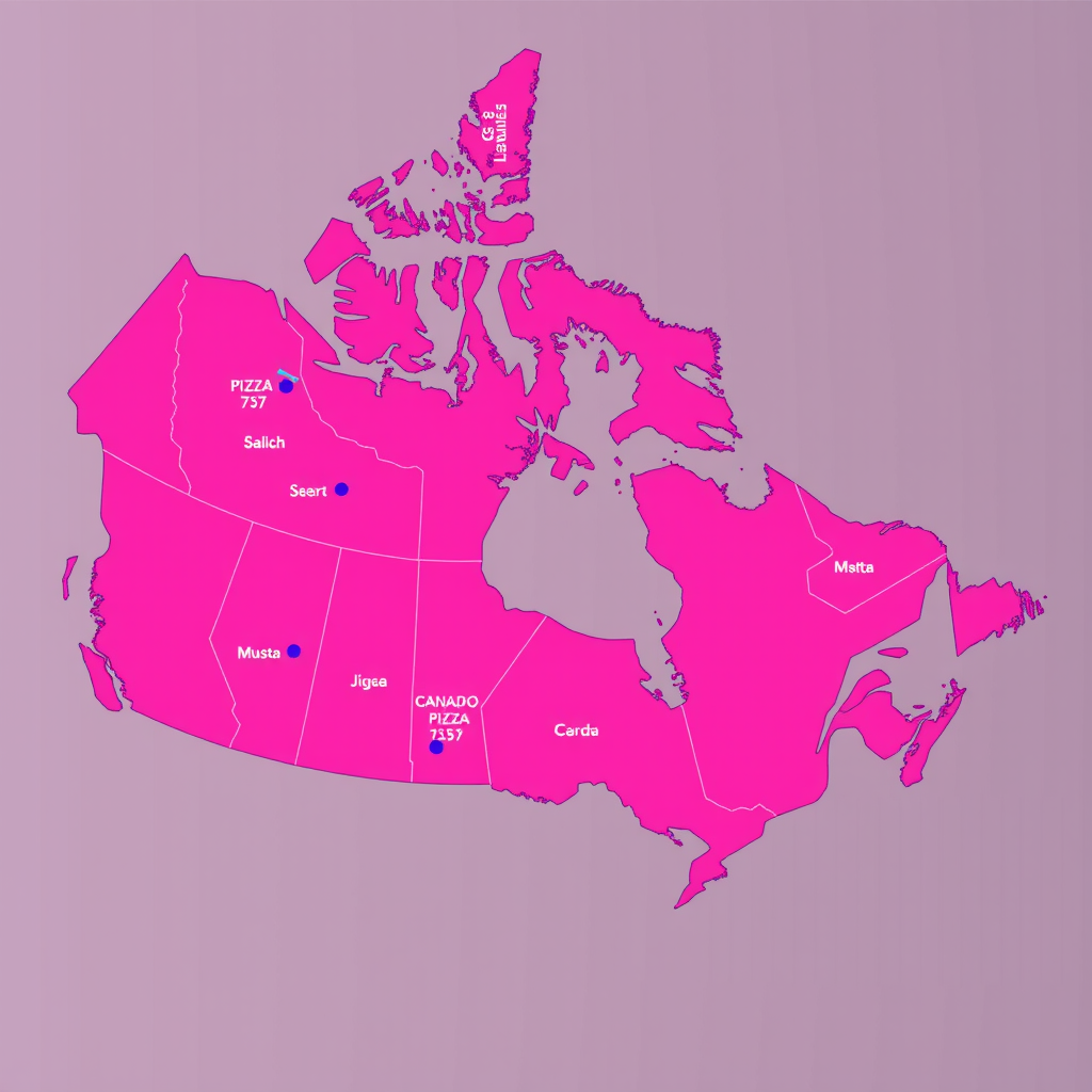Map of Canada showing Pizza 73 delivery coverage areas across all provinces with highlighted delivery zones in hot pink and purple neon colors