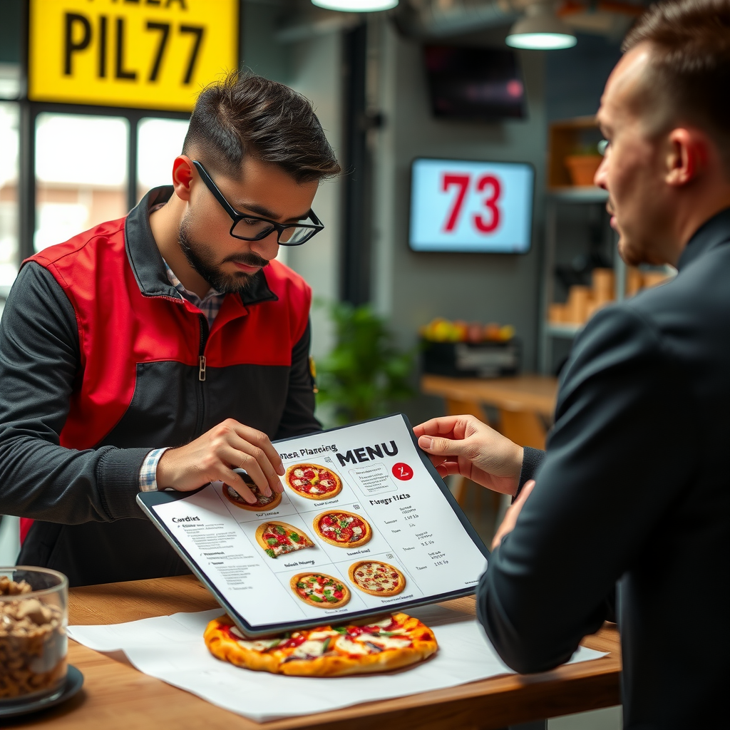 Pizza 73 catering specialist consulting with client over menu planning documents, showing pizza options and package details on tablet